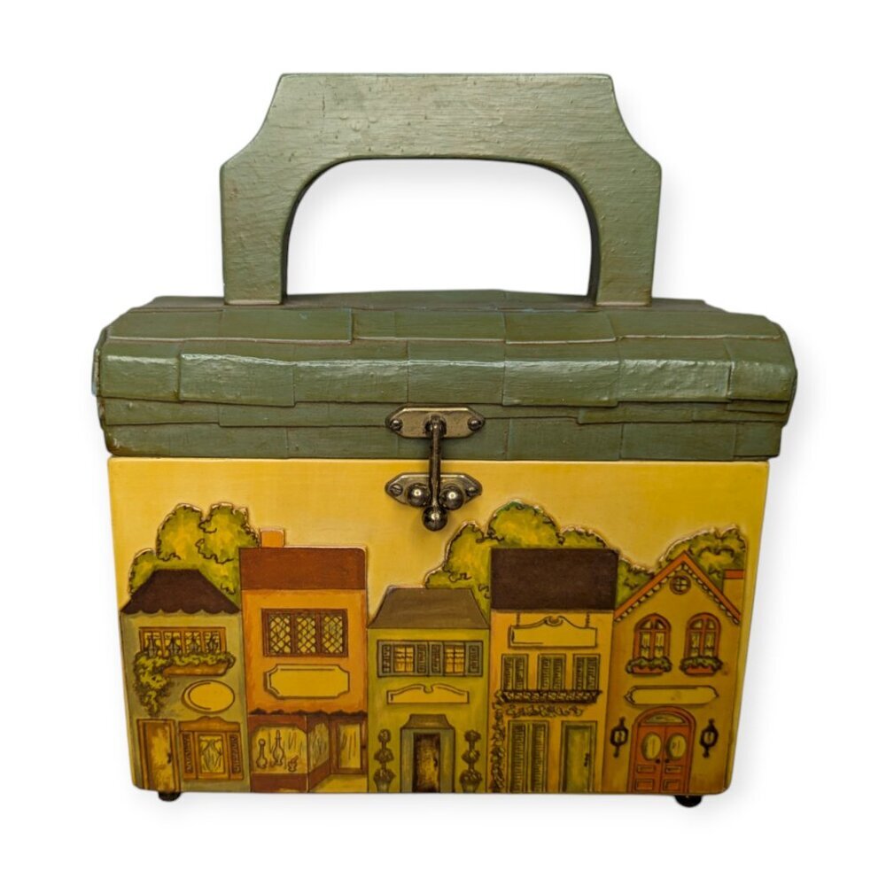 Vintage Hand Painted Wooden Box Purse w/Green Felt Lined Interior 8" x 4" x 9"